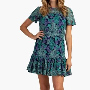 Trina Turk Blue and Green Floral Midi Dress